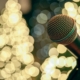 microphone with christmas trees lit up in the background